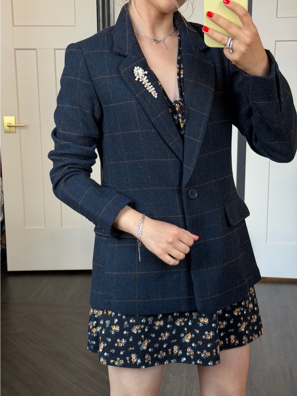 Rachel Zoe Navy Plaid Blazer with Crystal Brooch